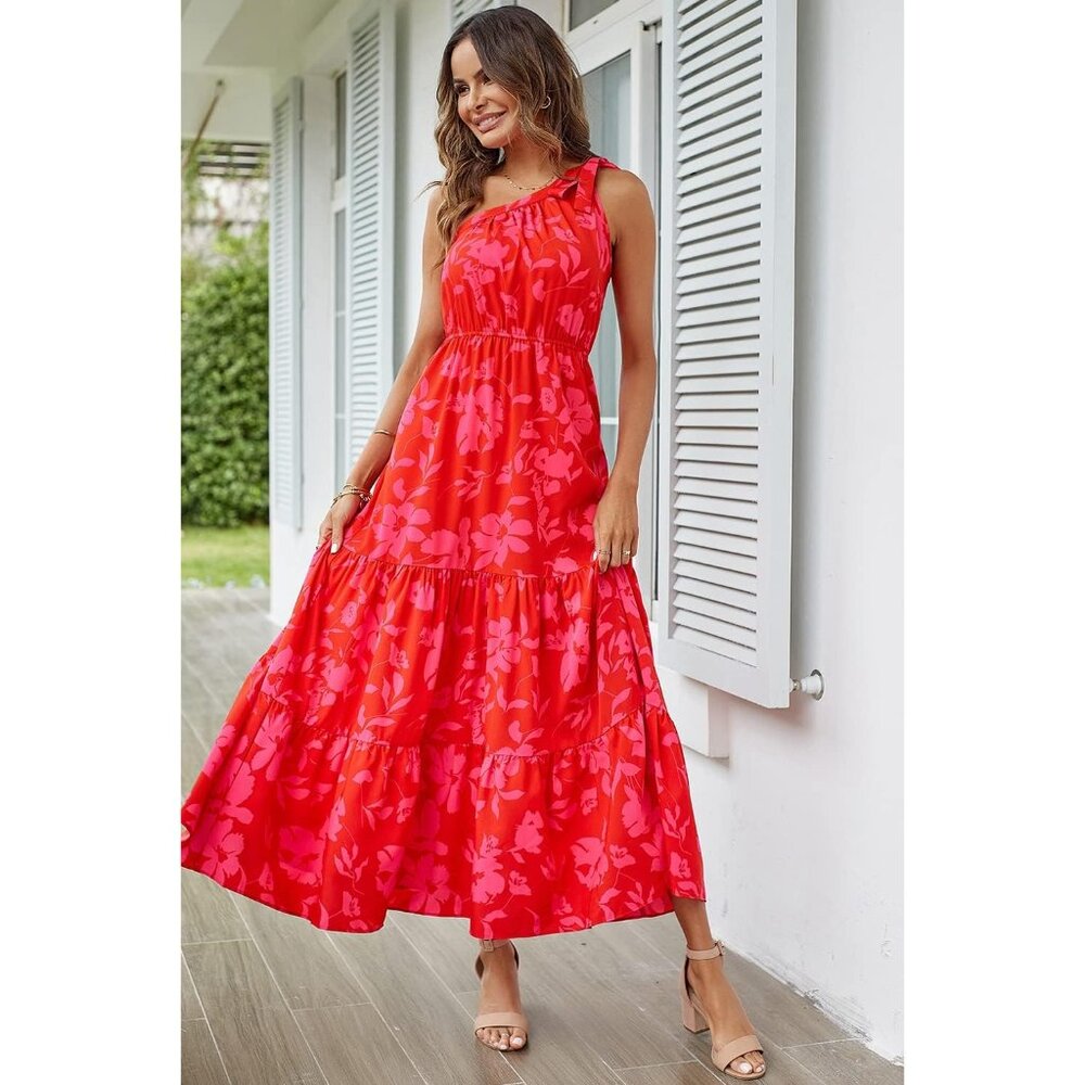 Womens 2024 Floral Knot One Shoulder Sleeveless Ruffle Boho Dress - Picture 9 of 9